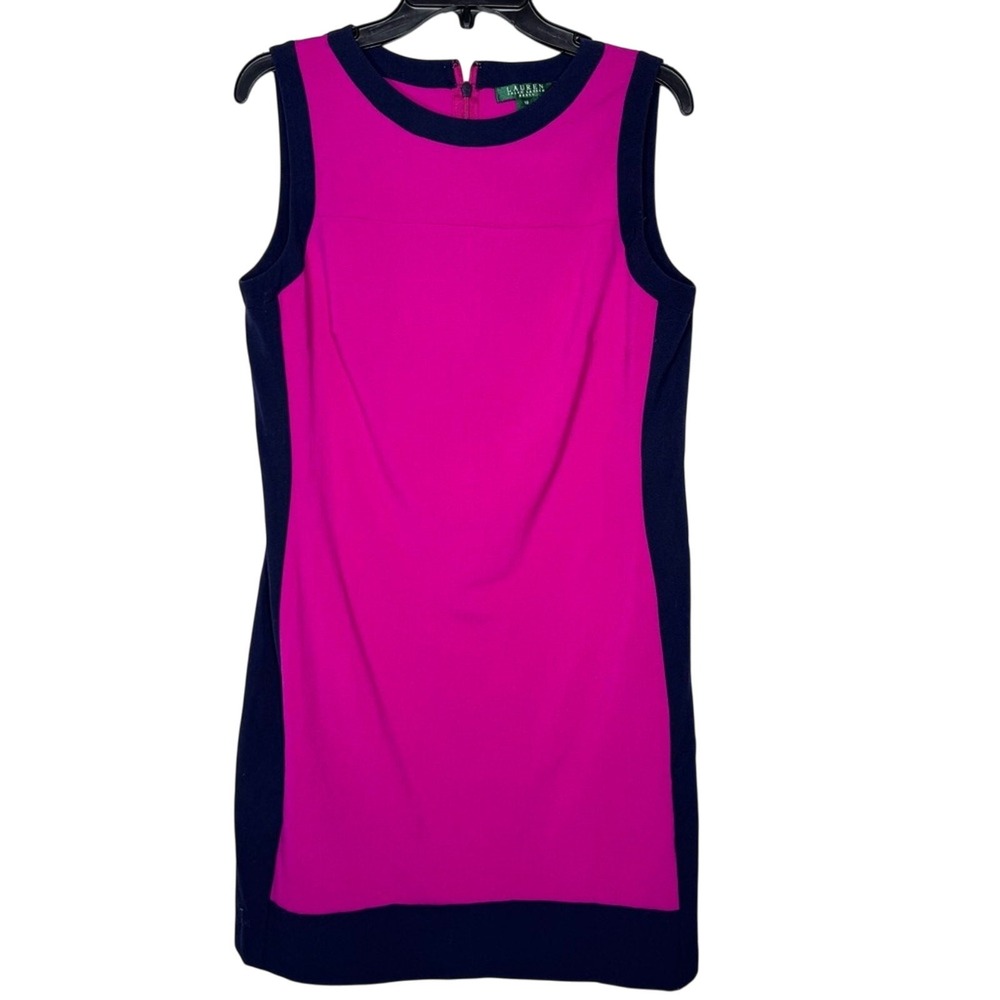 Lauren Ralph Lauren Womens Fuchsia Navy Sheath‎ Dress Sz 12 Sleeveless Office